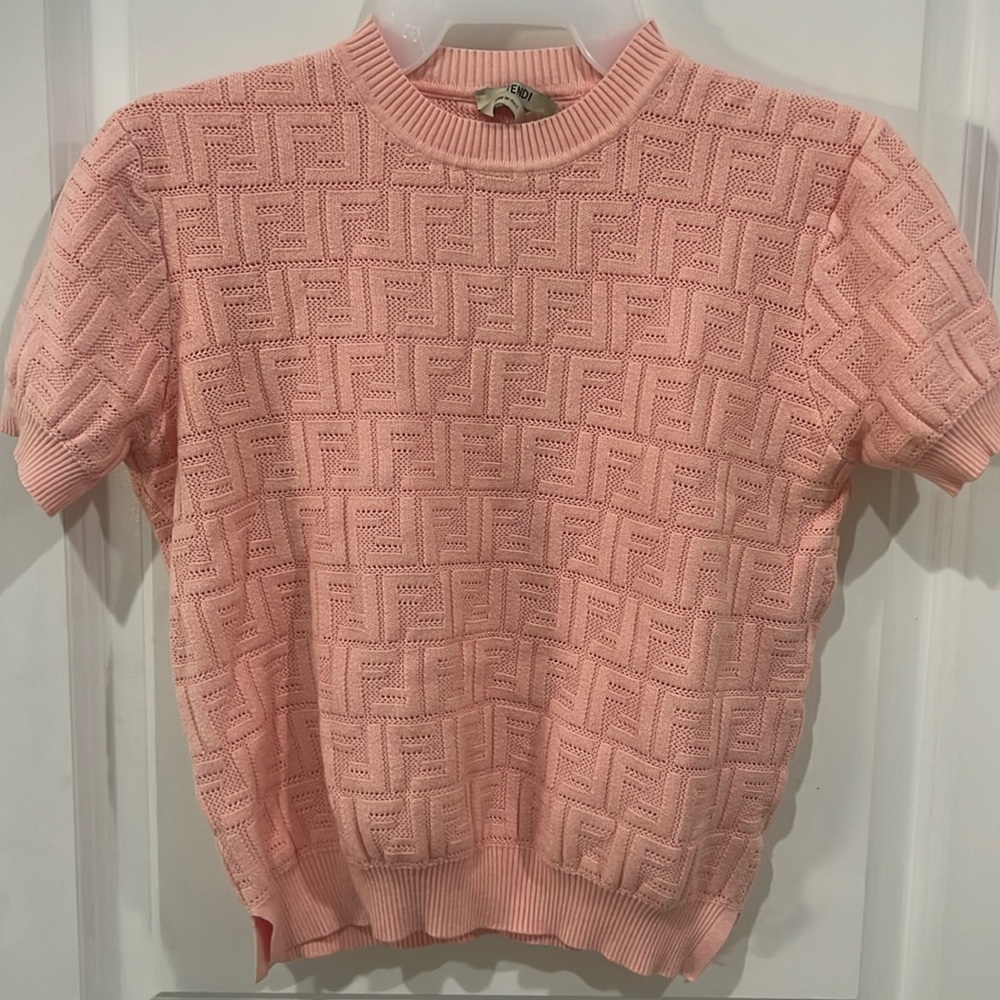 Fendi Pink FF Logo Short Sleeve Crew Neck Jacquard Sweater